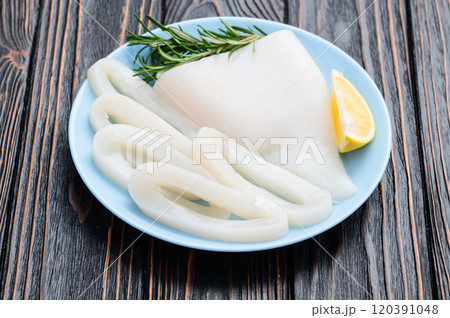 Squid tube and ring photography . Seafood top view 120391048