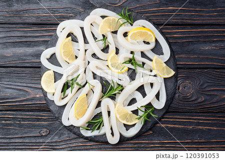 Squid tube and ring photography . Seafood top view 120391053
