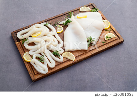 Squid tube and ring photography . Seafood top view 120391055