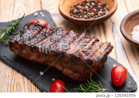 Grilled Pork ribs barbecue photography . Top view 120391059
