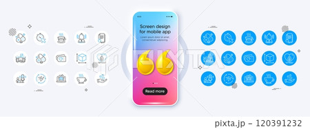 Local grown, Box size and Realtor line icons. Phone mockup with 3d quotation icon. Pack of Brand, Coffee, Chlorine mineral icon. Search file, Arena, Love tickets pictogram. Vector 120391232