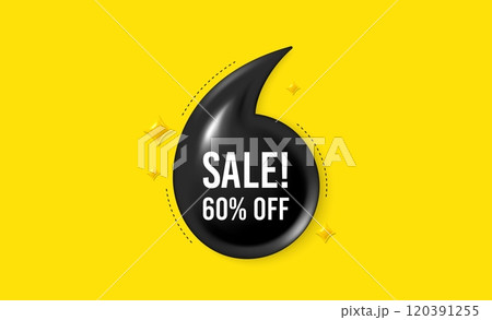 Offer 3d quotation banner. Sale 60 percent off discount. Promotion price offer sign. Retail badge symbol. Sale quote message. Quotation comma yellow banner. Vector 120391255