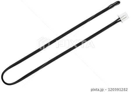 Temperature sensor with insulated wire and connector, white background 120391282