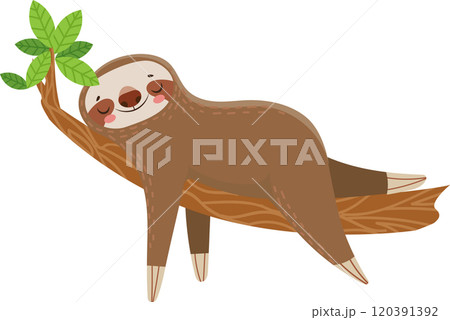Cartoon illustration of a happy sloth napping on a tree branch, enjoying the tranquility of its natural habitat, conveying a sense of peace and relaxation 120391392