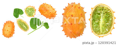 Kiwano or horned melon with leaves isolated on white background with copy space for your text. Top view. Flat lay. Kiwano or horned melon with leaves isolated on white background with copy space for your text. Top view. Flat lay. 120391421