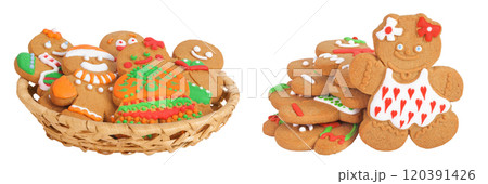 christmas gingerbread cookie in a wicker basket isolated on white background christmas gingerbread cookie in a wicker basket isolated on white background 120391426