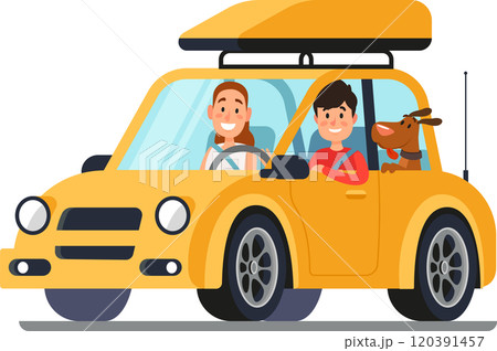 Happy tourists couple driving a yellow car with luggage on the roof and their dog looking out the window, enjoying their road trip adventure Happy tourists couple driving a yellow car with luggage on the roof and their dog looking out the window, enjoying their road trip adventure 120391457