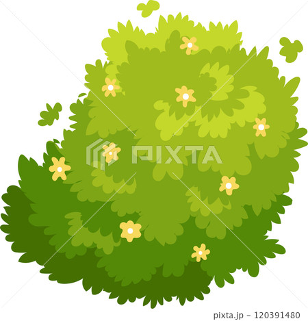 Lush green bush adorned with delicate yellow flowers, leaves gently falling, creating a vibrant natural scene. Perfect for adding freshness to any project Lush green bush adorned with delicate yellow flowers, leaves gently falling, creating a vibrant natural scene. Perfect for adding freshness to any project 120391480