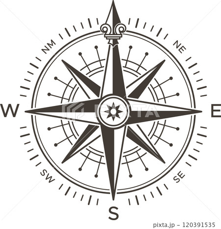Wind rose showing north, south, east and west cardinal directions, including intermediate directions, helping sailors and navigators finding their way across oceans and lands Wind rose showing north, south, east and west cardinal directions, including intermediate directions, helping sailors and navigators finding their way across oceans and lands 120391535