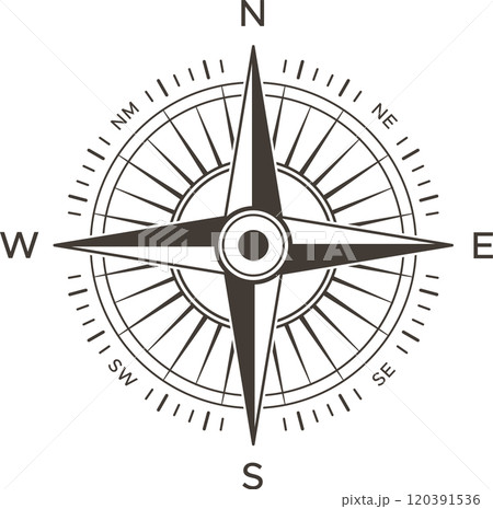 Compass rose pointing north, with radiating spokes marking cardinal directions, symbolizing navigation, exploration, and guidance 120391536