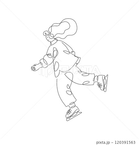 Skating young woman, vector line art illustration 120391563