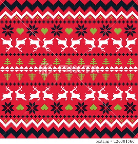 Christmas Sweater Pattern Design Seamless Pixel Art background. Xmas style Rows of Reindeer, Snowflakes, Stars, Holly Berries, and trees on a red Background, with Red, Blue and green knit details 120391566