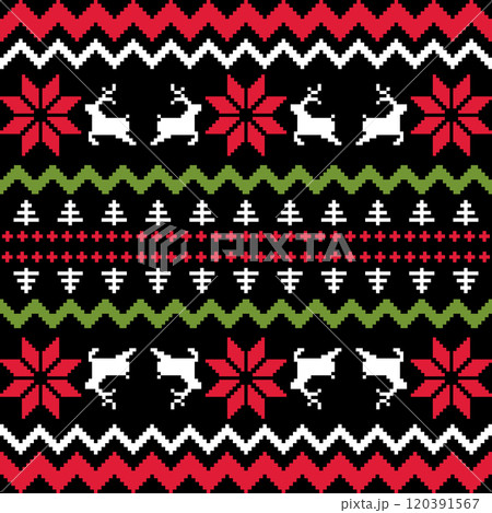 Christmas Sweater Pattern Design Seamless Pixel Art background. Xmas style Rows of Reindeer, Snowflakes, Stars, Holly Berries, and trees on a black Background, with Red, Blue and green knit details 120391567