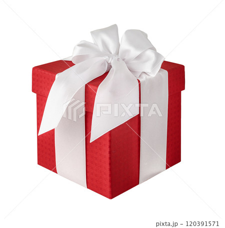 Red Gift box with white bow on a white background. 120391571