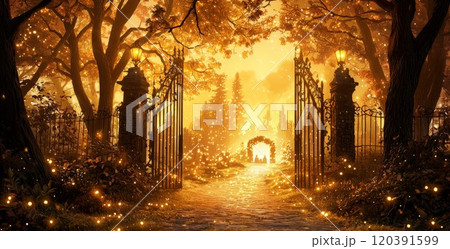 Magical glowing path through illuminated forest gate 120391599