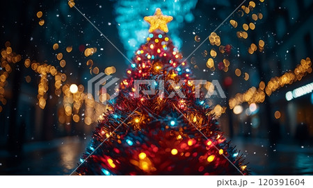 Colorful Christmas tree with lights in snowy street 120391604
