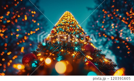 Christmas tree glowing with colorful holiday lights 120391605