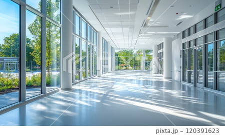 Modern sunlit glass corridor with greenery Modern sunlit glass corridor with greenery 120391623