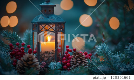Lantern with candle amid Christmas greenery 120391661