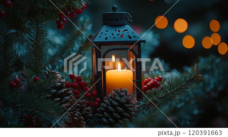 Christmas lantern with candle and festive decor 120391663