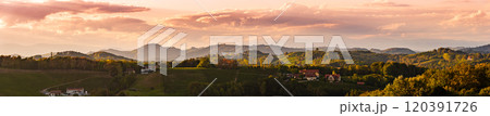 Panorama of Vineyards along the South Styrian Wine Road in Summer, Austria Europe Panorama of Vineyards along the South Styrian Wine Road in Summer, Austria Europe 120391726