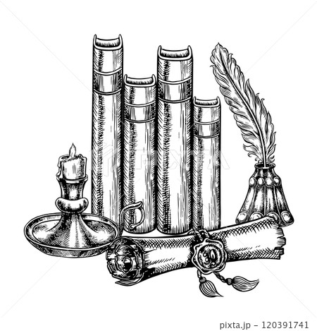 An ancient manuscript. Vector black and white graphics with images of books, scrolls, candles and ink with a pen. Hand-drawn illustration on a white background. For postcards, flyers, posters, banners An ancient manuscript. Vector black and white graphics with images of books, scrolls, candles and ink with a pen. Hand-drawn illustration on a white background. For postcards, flyers, posters, banners 120391741