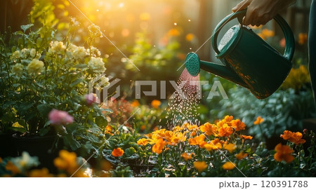 Watering colorful flowers in a sunny garden 120391788