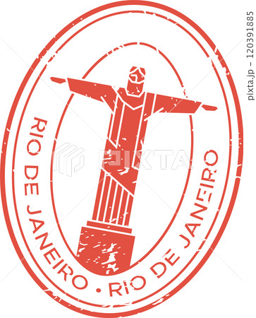 Oval red stamp featuring christ the redeemer with outstretched arms, a prominent landmark in rio de janeiro, brazil, evoking travel and tourism Oval red stamp featuring christ the redeemer with outstretched arms, a prominent landmark in rio de janeiro, brazil, evoking travel and tourism 120391885