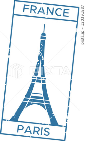 Blue ink stamp featuring eiffel tower marking arrival in paris, france, symbolizing tourism, travel, and french culture Blue ink stamp featuring eiffel tower marking arrival in paris, france, symbolizing tourism, travel, and french culture 120391887