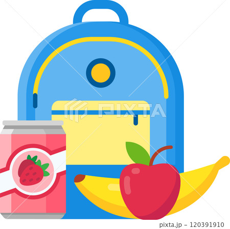 Blue school backpack with yellow details is standing next to a can of strawberry juice, a red apple and a yellow banana composing a healthy lunch for school Blue school backpack with yellow details is standing next to a can of strawberry juice, a red apple and a yellow banana composing a healthy lunch for school 120391910
