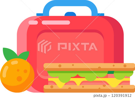 Red lunchbox with blue handle next to a sandwich and an orange representing a healthy school lunch, packed meal, or snack Red lunchbox with blue handle next to a sandwich and an orange representing a healthy school lunch, packed meal, or snack 120391912