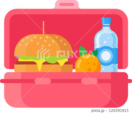 Pink lunchbox containing a burger, an orange and a bottle of water, representing a healthy and balanced meal for school or work Pink lunchbox containing a burger, an orange and a bottle of water, representing a healthy and balanced meal for school or work 120391915