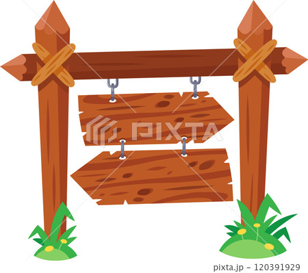 Wooden signpost with two arrow shaped boards pointing in different directions hanging from chains, indicating multiple paths or choices Wooden signpost with two arrow shaped boards pointing in different directions hanging from chains, indicating multiple paths or choices 120391929