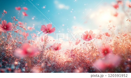 Dreamy meadow with pink flowers in bloom Dreamy meadow with pink flowers in bloom 120391952