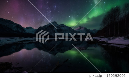 Aurora borealis over snowy mountains and reflective lake 120392003