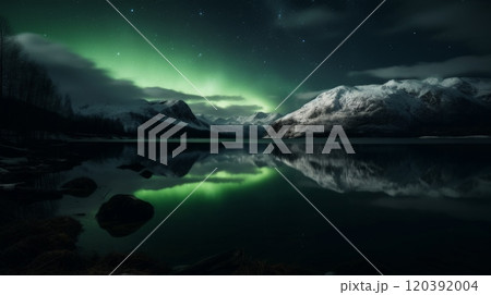 Aurora borealis reflecting on calm mountain lake at night 120392004