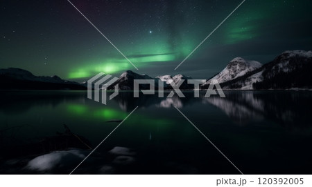 Northern lights reflecting over snowy mountain lake 120392005