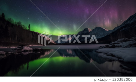 Northern lights reflecting on serene mountain lake 120392006