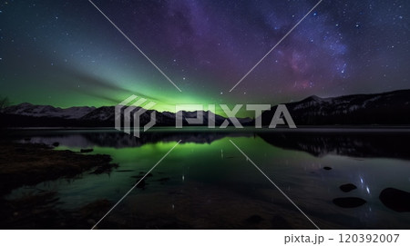 Aurora borealis reflecting on calm lake beneath starry sky 120392007