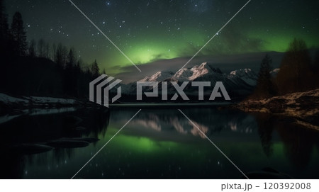 Northern lights reflecting on alpine lake at night 120392008