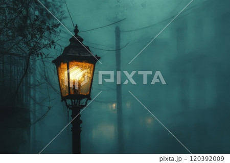 Vintage street lamp glowing in thick fog 120392009