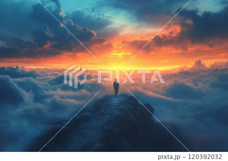 Person walking above clouds at vibrant sunset 120392032