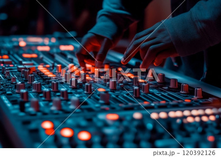 Hands adjusting controls on audio mixing console 120392126