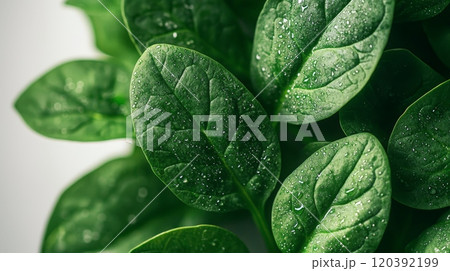 Close-up of fresh green spinach leaves with water droplets Close-up of fresh green spinach leaves with water droplets 120392199