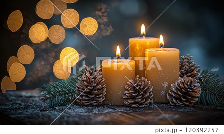 Lit candles with pinecones and holiday decor 120392257