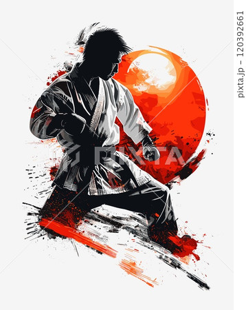 Man in a white karate uniform is in the middle of a kick 120392661