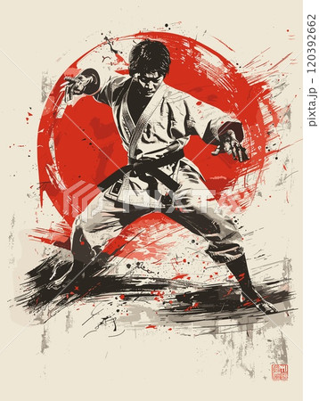Man in a white karate uniform is in the middle of a kick 120392662