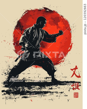 Man in a karate uniform is standing in front of a red sun 120392663