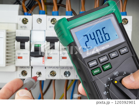 Voltage Measurement in Circuit Breaker Panel with Digital Multimeter 120392901