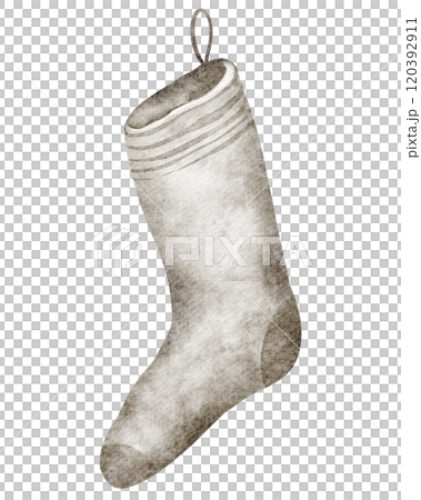 Vintage Christmas sock Watercolor isolated drawing on white background. Hand drawn Rustic stocking ,celebration decoration. Old-fashioned design with style Retro. 120392911